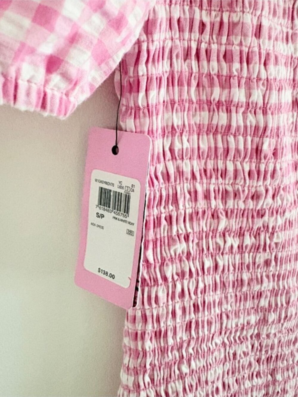 Guess Aida Smocked Puff Sleeve Mini Dress NWT Picnic Ruffle Pink White Sz Small - Picture 7 of 8